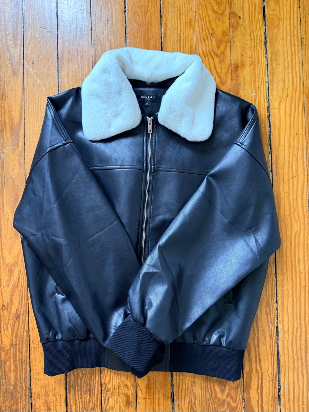 Beulah Black Bomber Jacket with White Faux Fur Collar